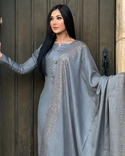 3PC Pashmina Saroski Unstitched Suit (Grey)