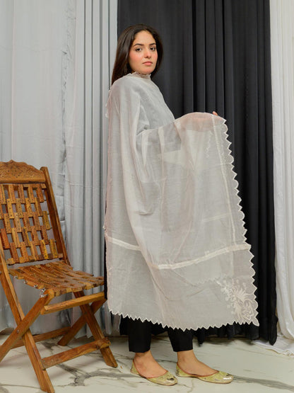 Pure Cotton khaddi Net embroidered Dupatta (white)