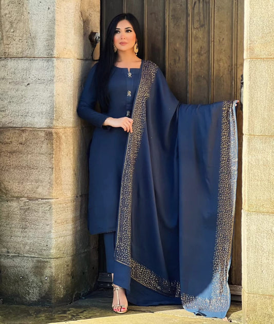 3PC Pashmina Saroski Unstitched Suit (Navy Blue)