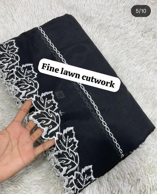 Voile Lawn Black On White Cutwork Leaves