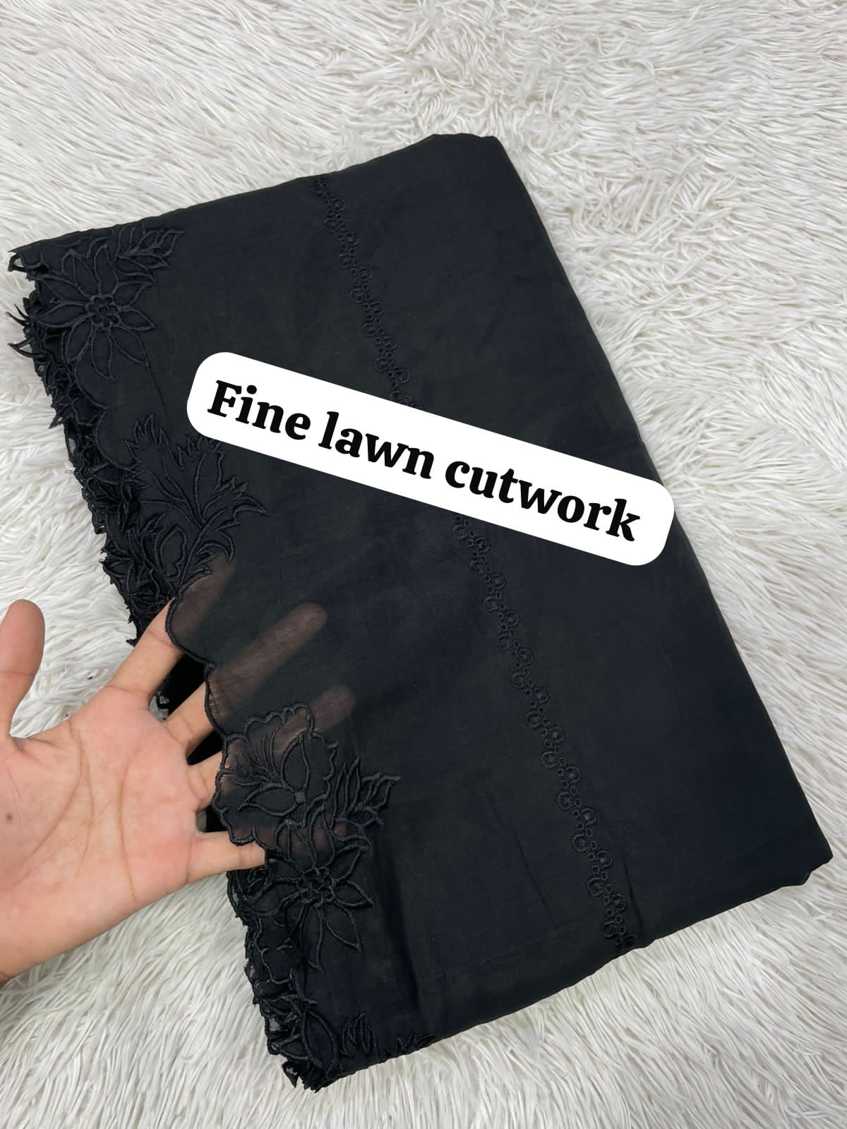 Voile Lawn Black On Black Leaves with Flowers bunch
