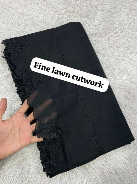 Voile Lawn Black On Black Leaves with Flowers bunch