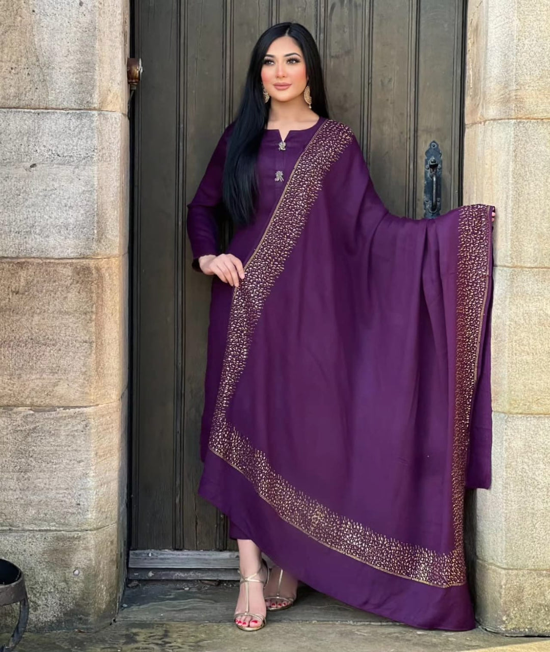 3PC Pashmina Saroski Unstitched Suit (Purple)