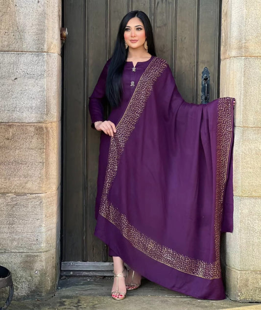 3PC Pashmina Saroski Unstitched Suit (Purple)