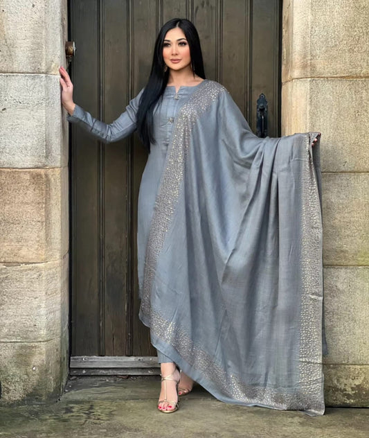 3PC Pashmina Saroski Unstitched Suit (Grey)