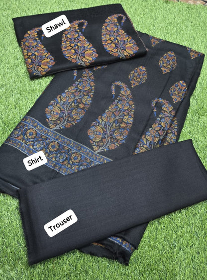 3PC Pashmina Kaani Unstitched Suit (black)