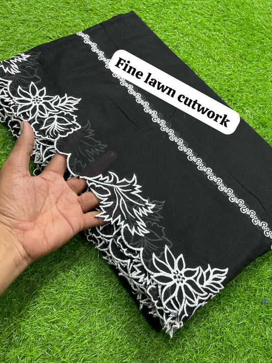 Voil Lawn Black On White Leaves with Flowers
