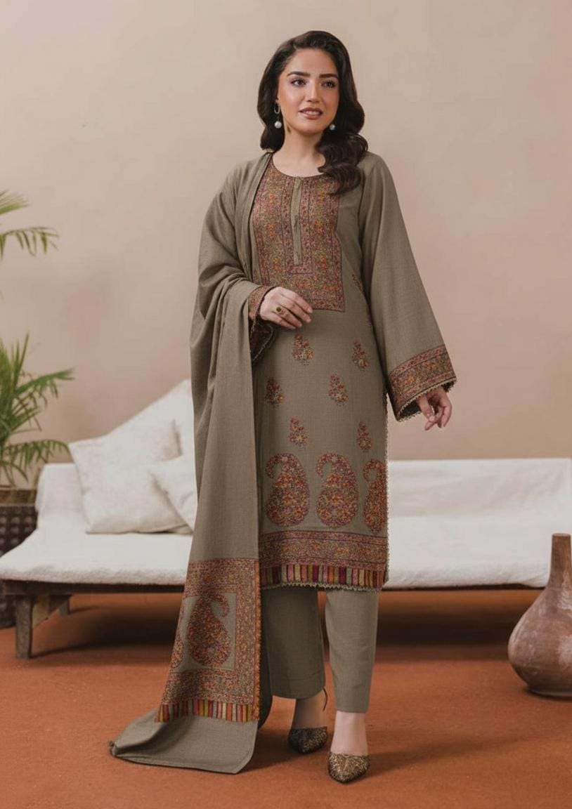 3PC Pashmina Kaani Unstitched Suit (Dark Brown)