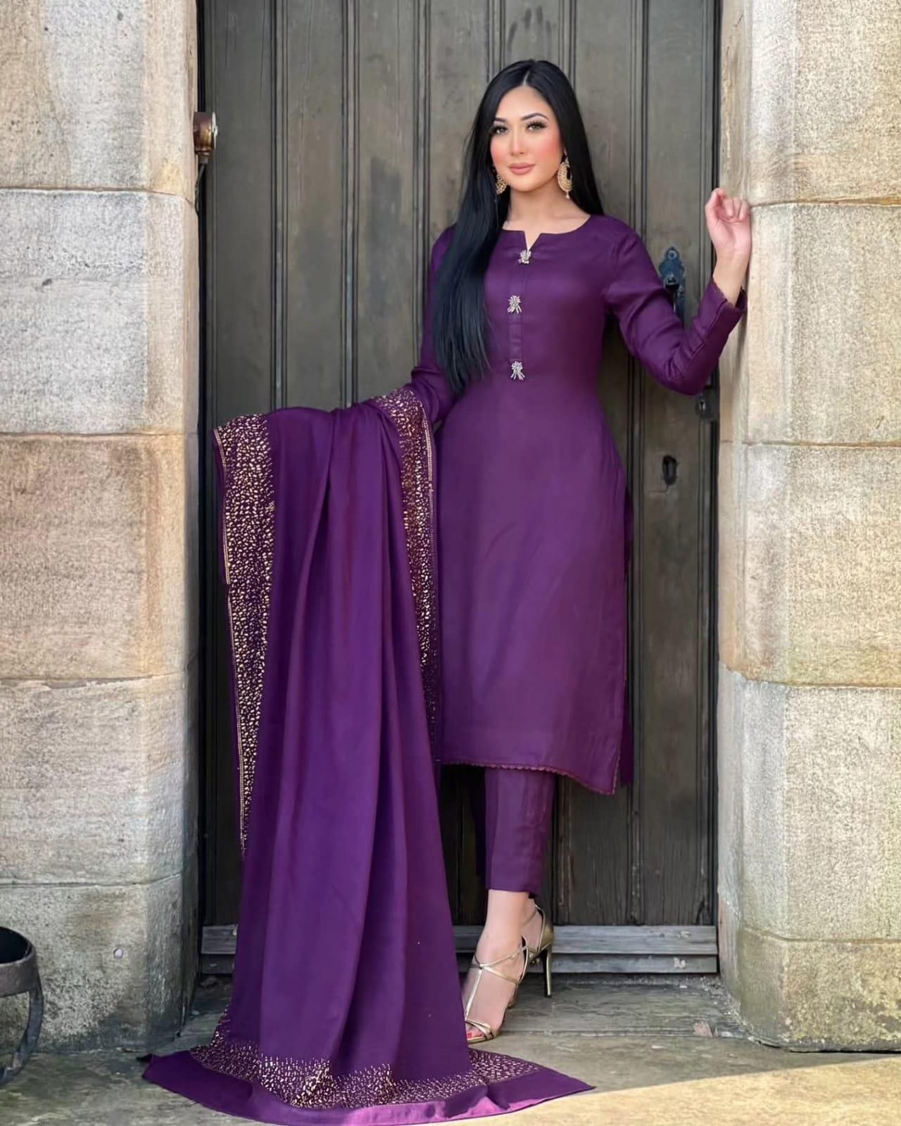 3PC Pashmina Saroski Unstitched Suit (Purple)