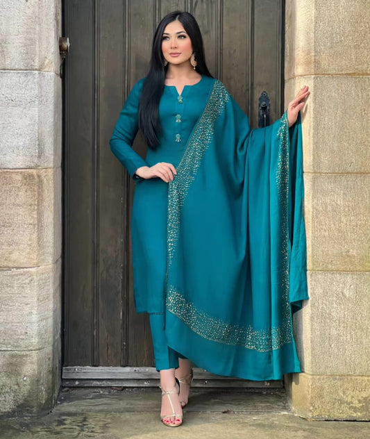 3PC Pashmina Saroski Unstitched Suit (zinc)