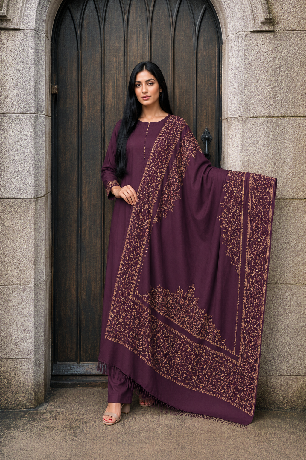 3PC Pashmina Kacha tanka Unstitched Suit (Plum)