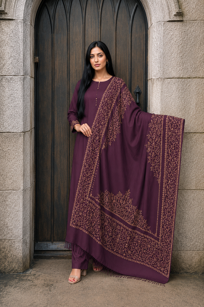 3PC Pashmina Kacha tanka Unstitched Suit (Plum)