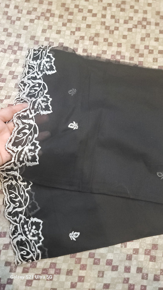 Voile Lawn Black On White Cutwork Leaves with botiyan