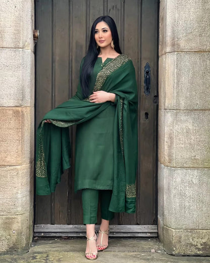 3PC Pashmina Saroski Unstitched Suit (Dark Green)
