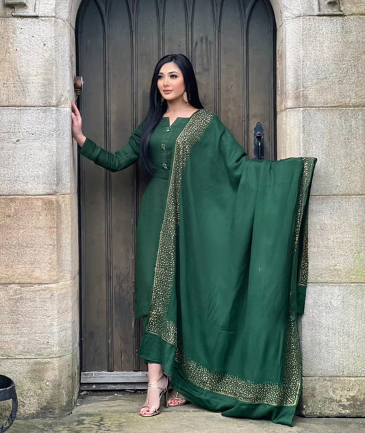 3PC Pashmina Saroski Unstitched Suit (Dark Green)