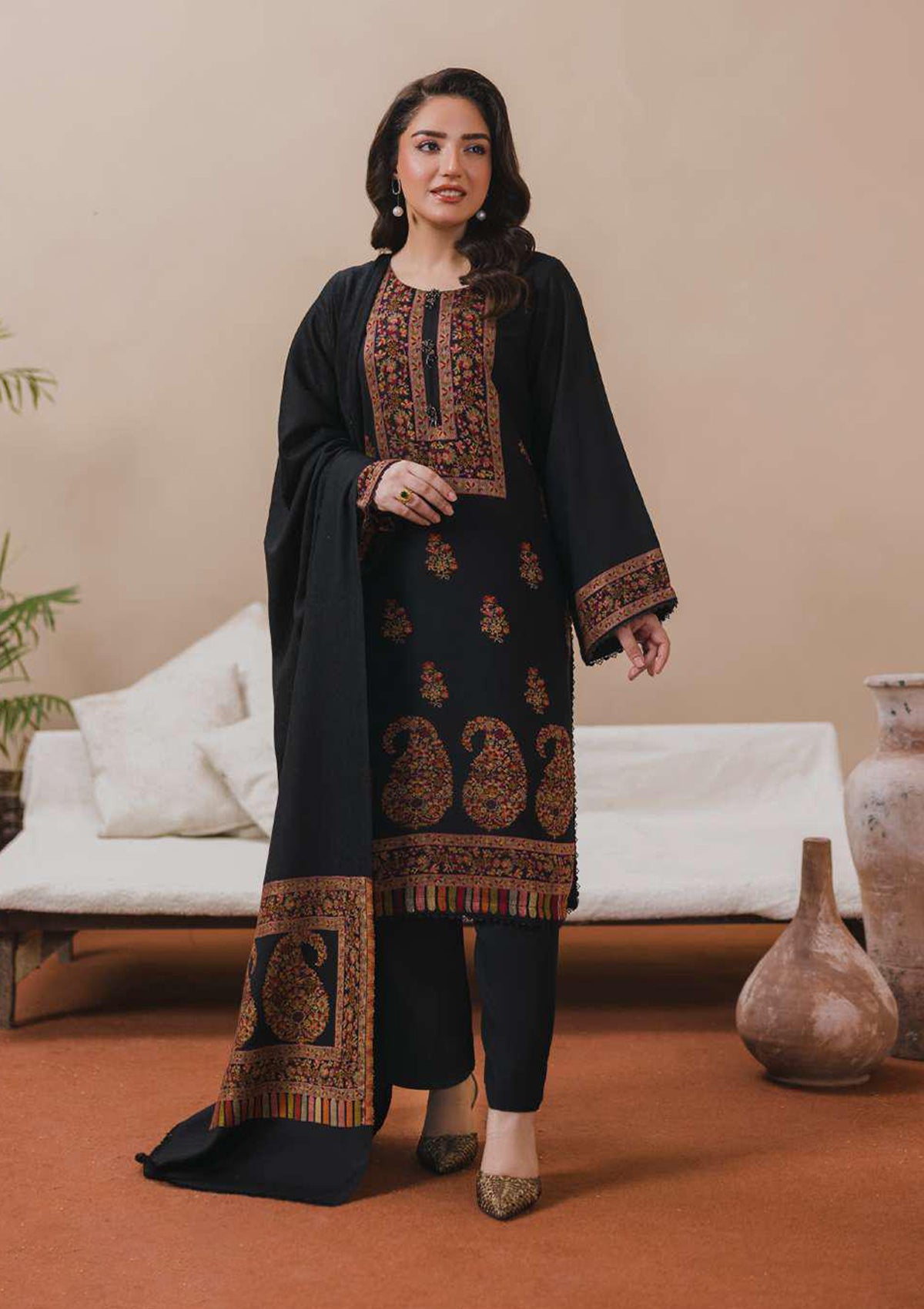 3PC Pashmina Kaani Unstitched Suit (Black)