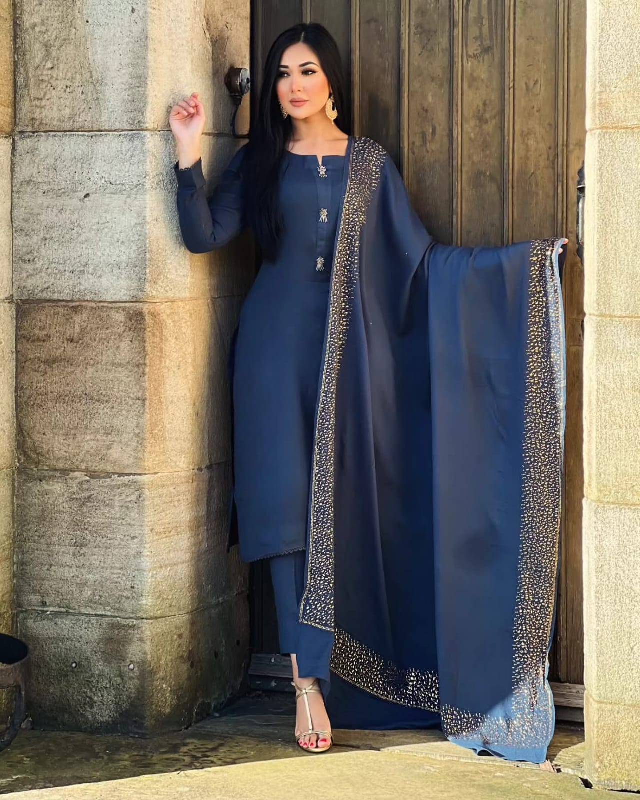 3PC Pashmina Saroski Unstitched Suit (Navy Blue)