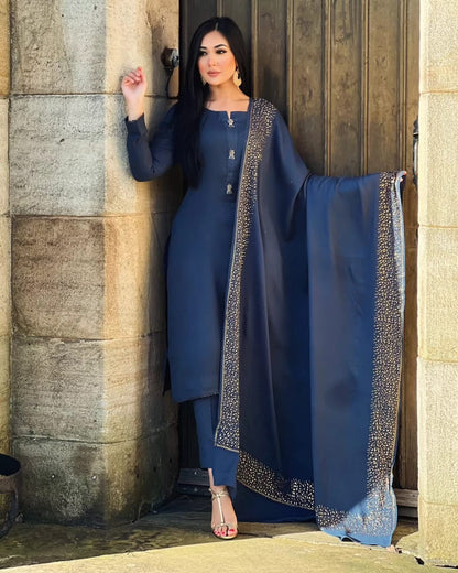 3PC Pashmina Saroski Unstitched Suit (Navy Blue)
