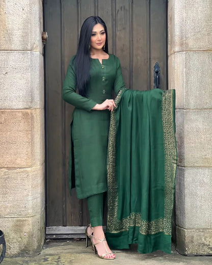3PC Pashmina Saroski Unstitched Suit (Dark Green)