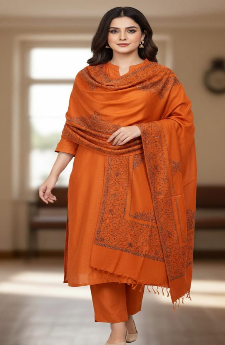 3PC Pashmina Kacha tanka Unstitched Suit (Rust)