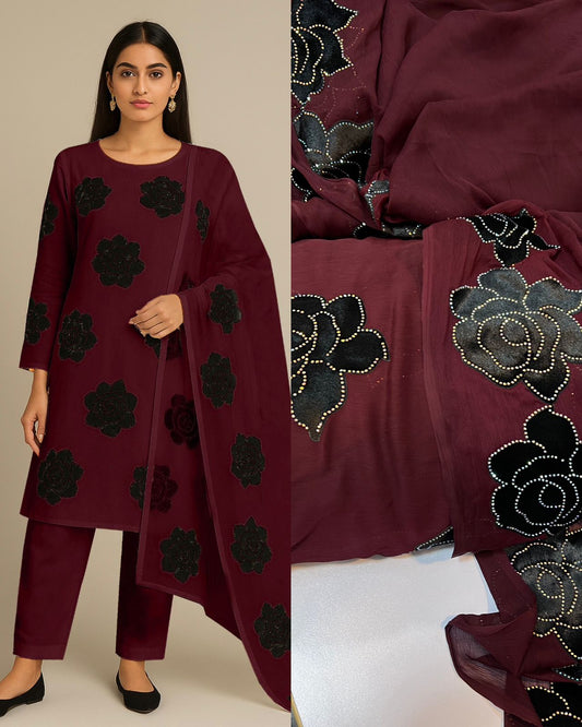 Chiffon velvet applic work 3pc