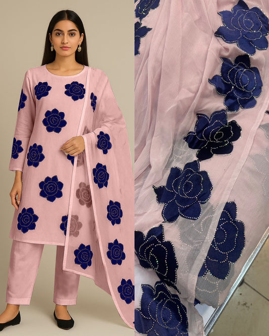Chiffon velvet applic work 3pc