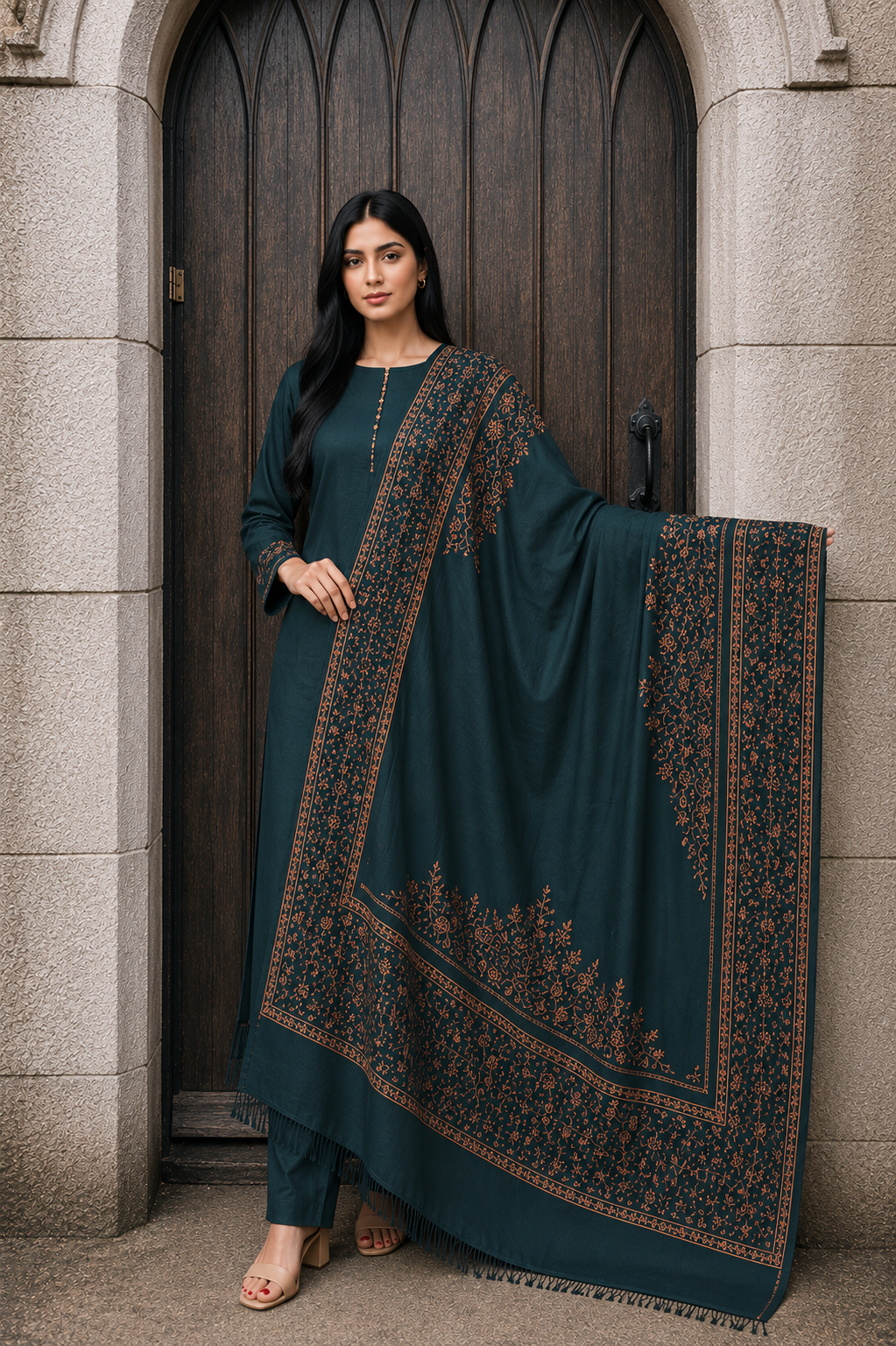 3PC Pashmina kacha tanka Unstitched Suit (Zinc)