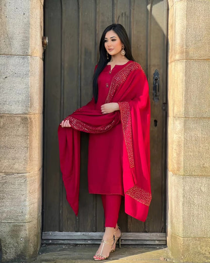 3PC Pashmina Saroski Unstitched Suit (Maroon)